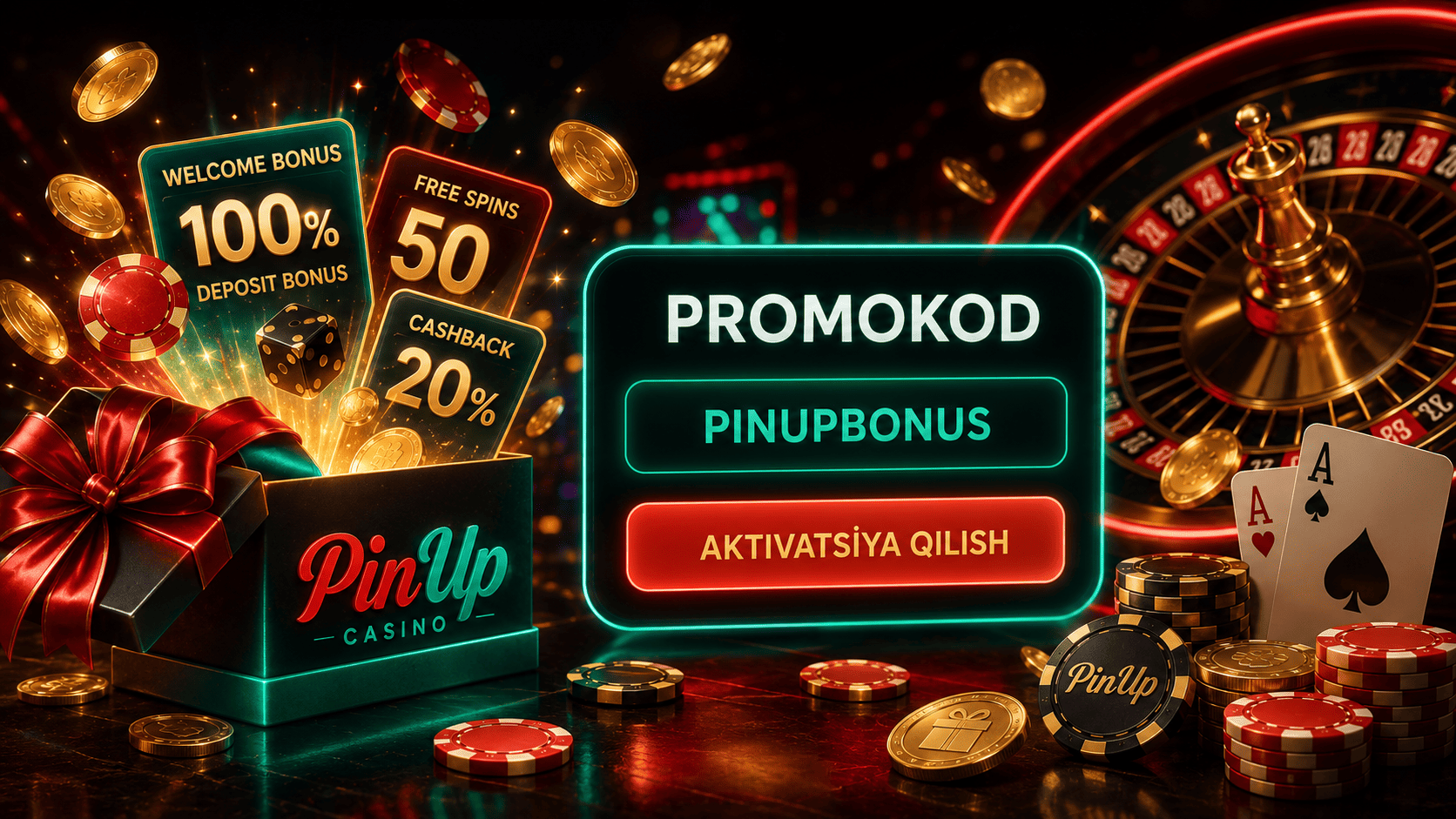 Pin Up bonus bo‘limi va promokod oynasi